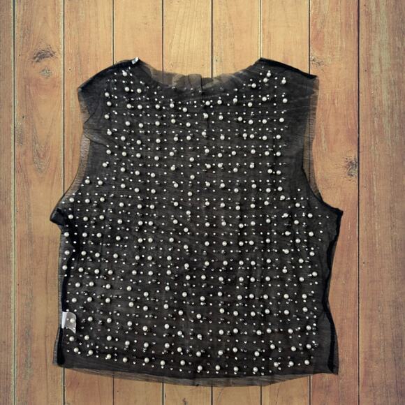 Pearl Rhinestone Mesh Cropped Tank Top Crewneck Sleeveless See Through Sheer Top - Picture 3 of 8